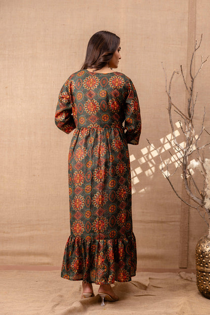 Women Green Printed Flared Maternity Dress | LASVINI - Redefining Indian Fashion with Elegance
