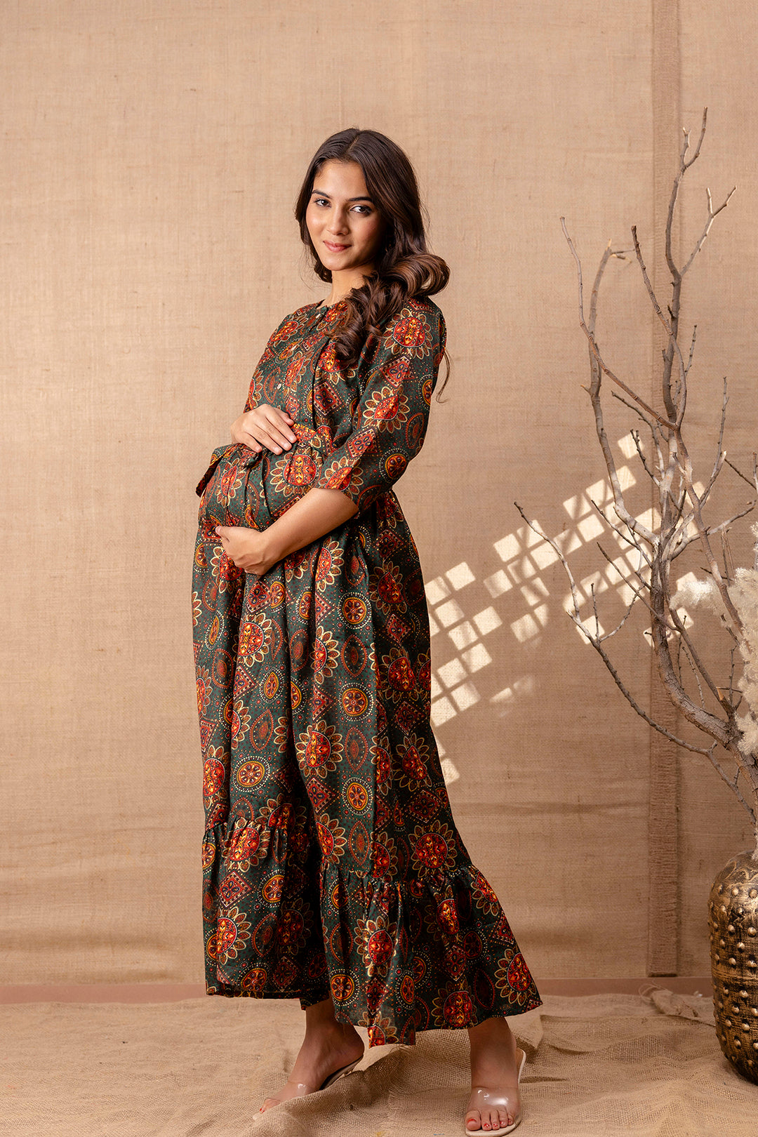 Women Green Printed Flared Maternity Dress | LASVINI - Redefining Indian Fashion with Elegance