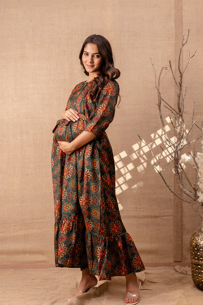 Women Green Printed Flared Maternity Dress | LASVINI - Redefining Indian Fashion with Elegance