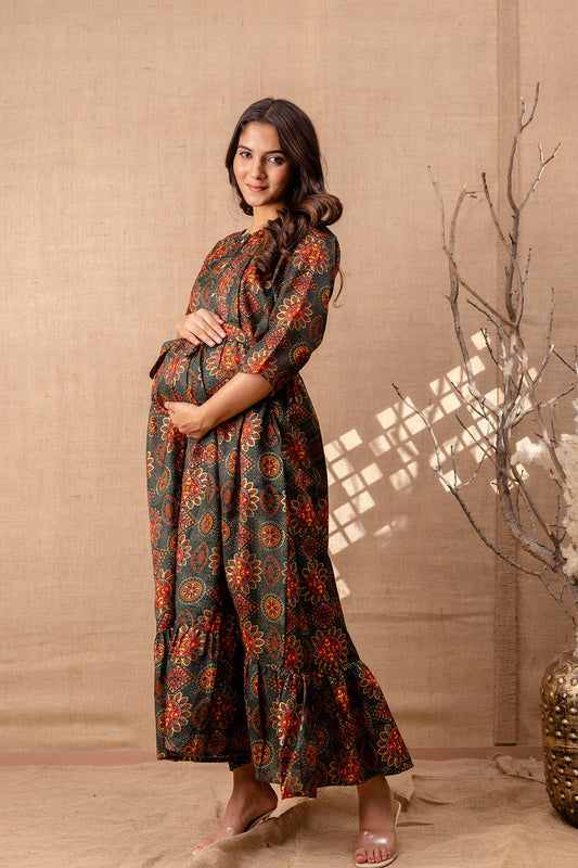 Women Green Printed Flared Maternity Dress | LASVINI - Redefining Indian Fashion with Elegance