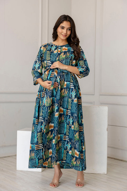 Women Multi Printed Flared Maternity Dress | LASVINI - Redefining Indian Fashion with Elegance