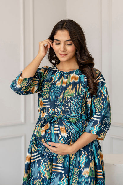 Women Multi Printed Flared Maternity Dress | LASVINI - Redefining Indian Fashion with Elegance