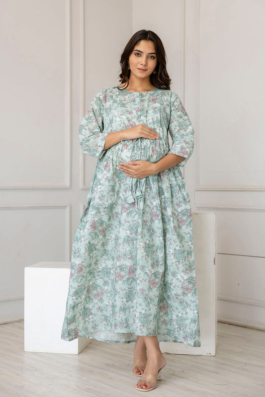 Women Green Printed Flared Maternity Dress | LASVINI - Redefining Indian Fashion with Elegance