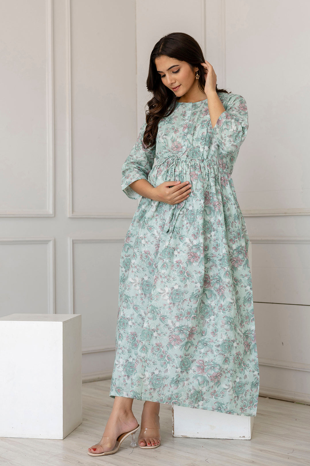 Women Green Printed Flared Maternity Dress | LASVINI - Redefining Indian Fashion with Elegance