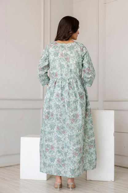 Women Green Printed Flared Maternity Dress | LASVINI - Redefining Indian Fashion with Elegance