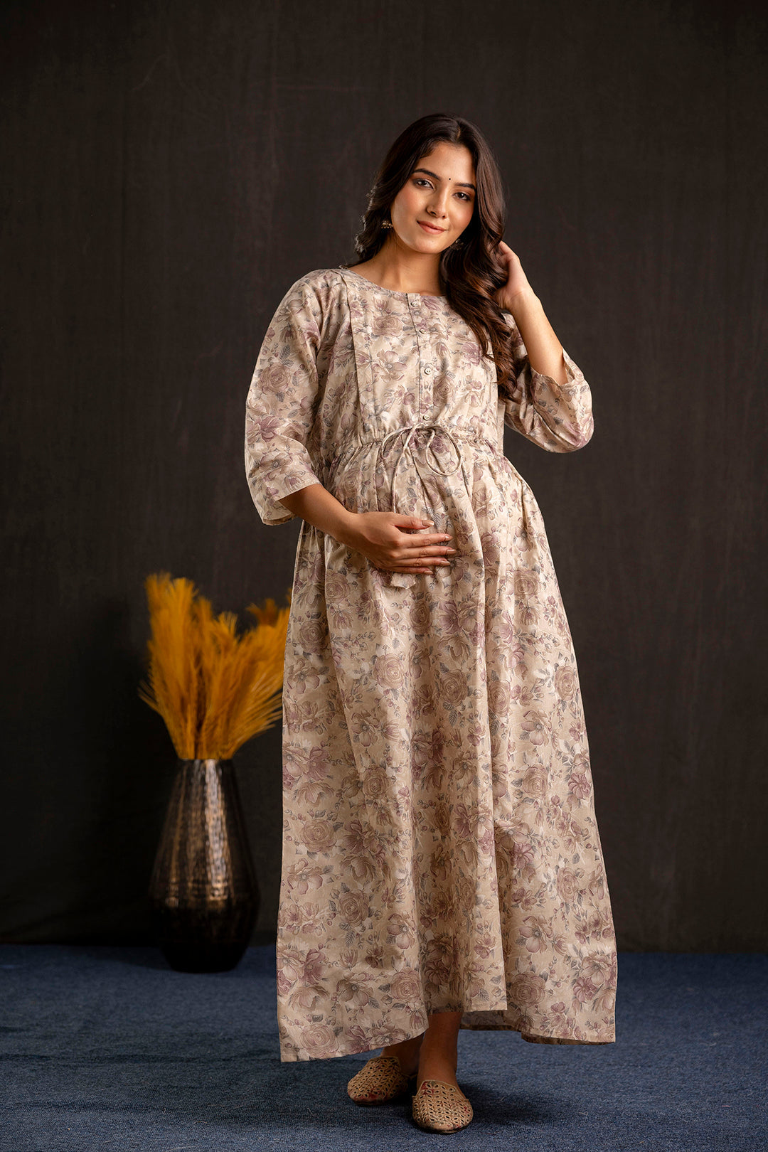 Women Beige Printed Flared Maternity Dress | LASVINI - Redefining Indian Fashion with Elegance