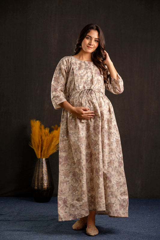 Women Beige Printed Flared Maternity Dress | LASVINI - Redefining Indian Fashion with Elegance