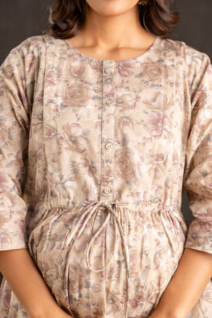 Women Beige Printed Flared Maternity Dress | LASVINI - Redefining Indian Fashion with Elegance