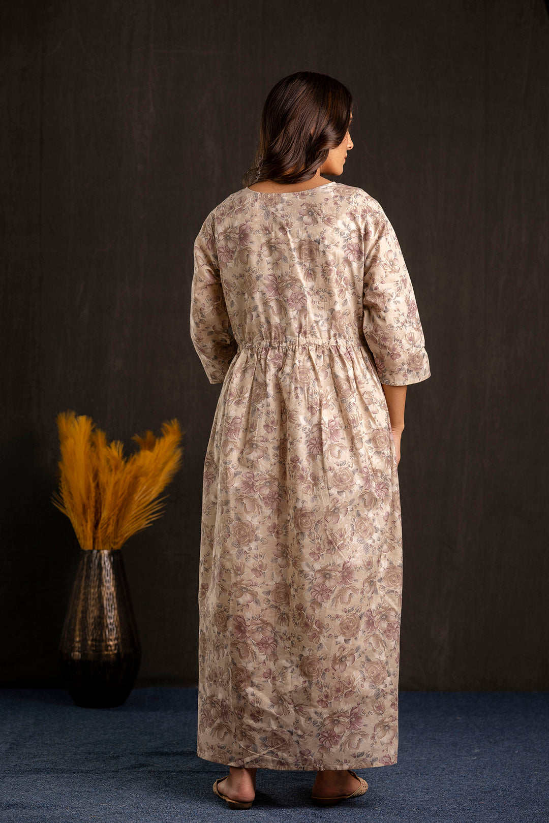Women Beige Printed Flared Maternity Dress | LASVINI - Redefining Indian Fashion with Elegance