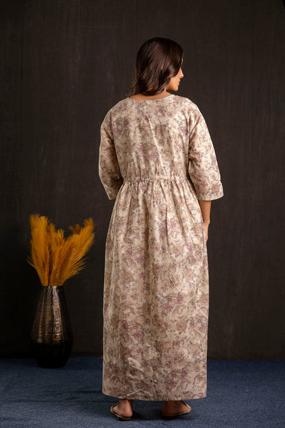 Women Beige Printed Flared Maternity Dress | LASVINI - Redefining Indian Fashion with Elegance