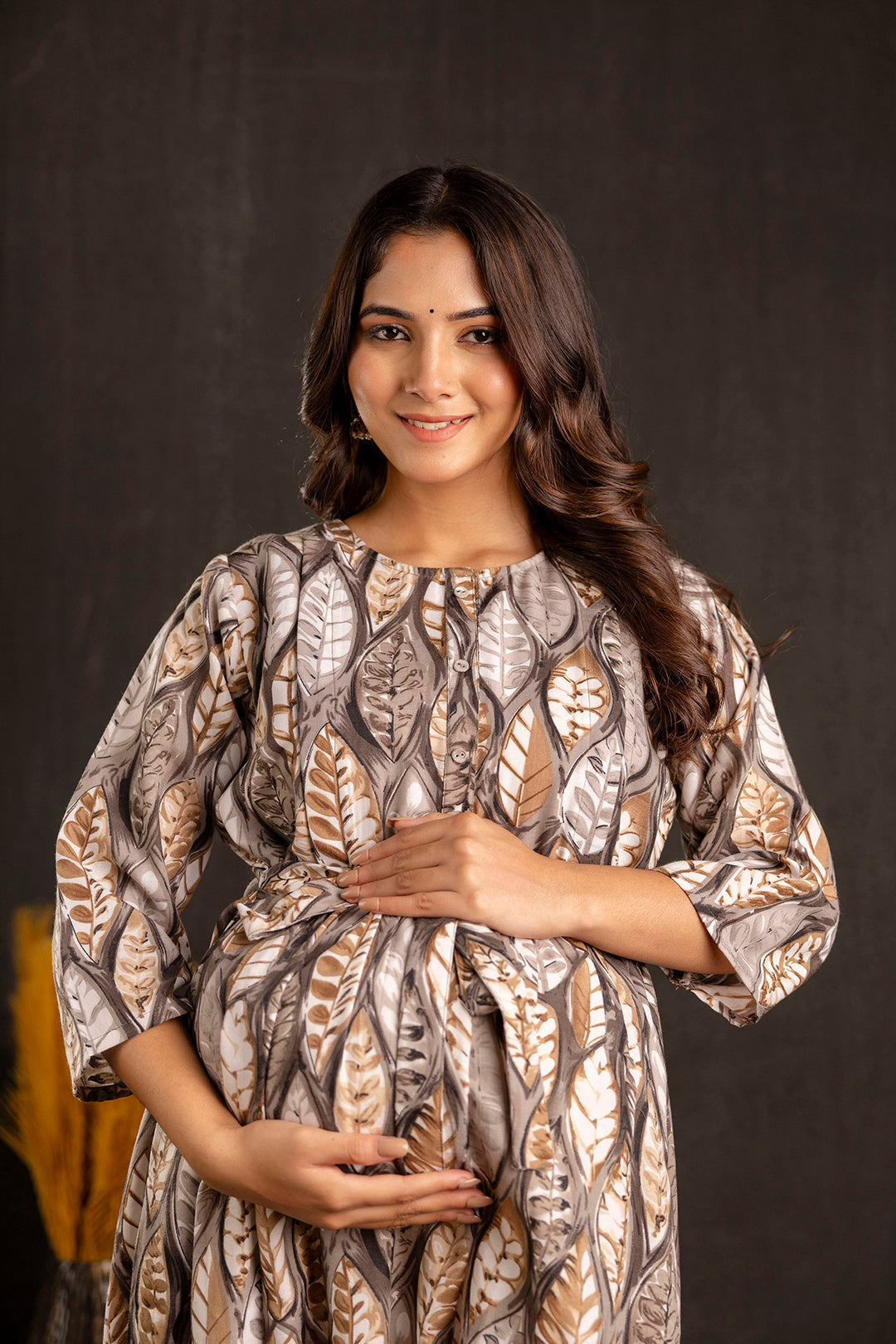 Women Grey Printed Flared Maternity Dress | LASVINI - Redefining Indian Fashion with Elegance