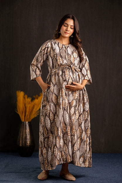 Women Grey Printed Flared Maternity Dress | LASVINI - Redefining Indian Fashion with Elegance