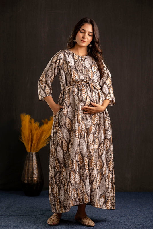 Women Grey Printed Flared Maternity Dress | LASVINI - Redefining Indian Fashion with Elegance