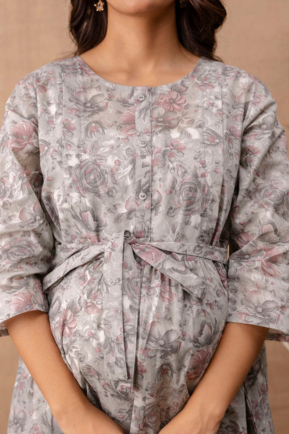 Women Grey Printed Flared Maternity Dress | LASVINI - Redefining Indian Fashion with Elegance