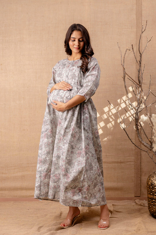 Women Grey Printed Flared Maternity Dress | LASVINI - Redefining Indian Fashion with Elegance