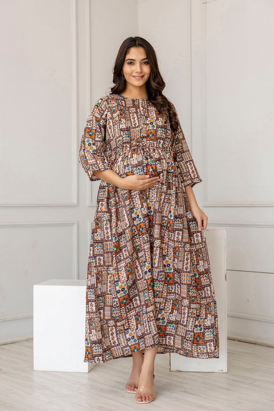Women Multi Printed Flared Maternity Dress | LASVINI - Redefining Indian Fashion with Elegance