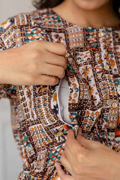 Women Multi Printed Flared Maternity Dress | LASVINI - Redefining Indian Fashion with Elegance