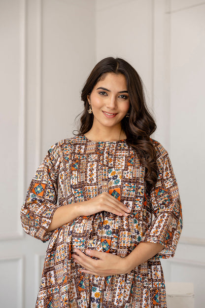 Women Multi Printed Flared Maternity Dress | LASVINI - Redefining Indian Fashion with Elegance