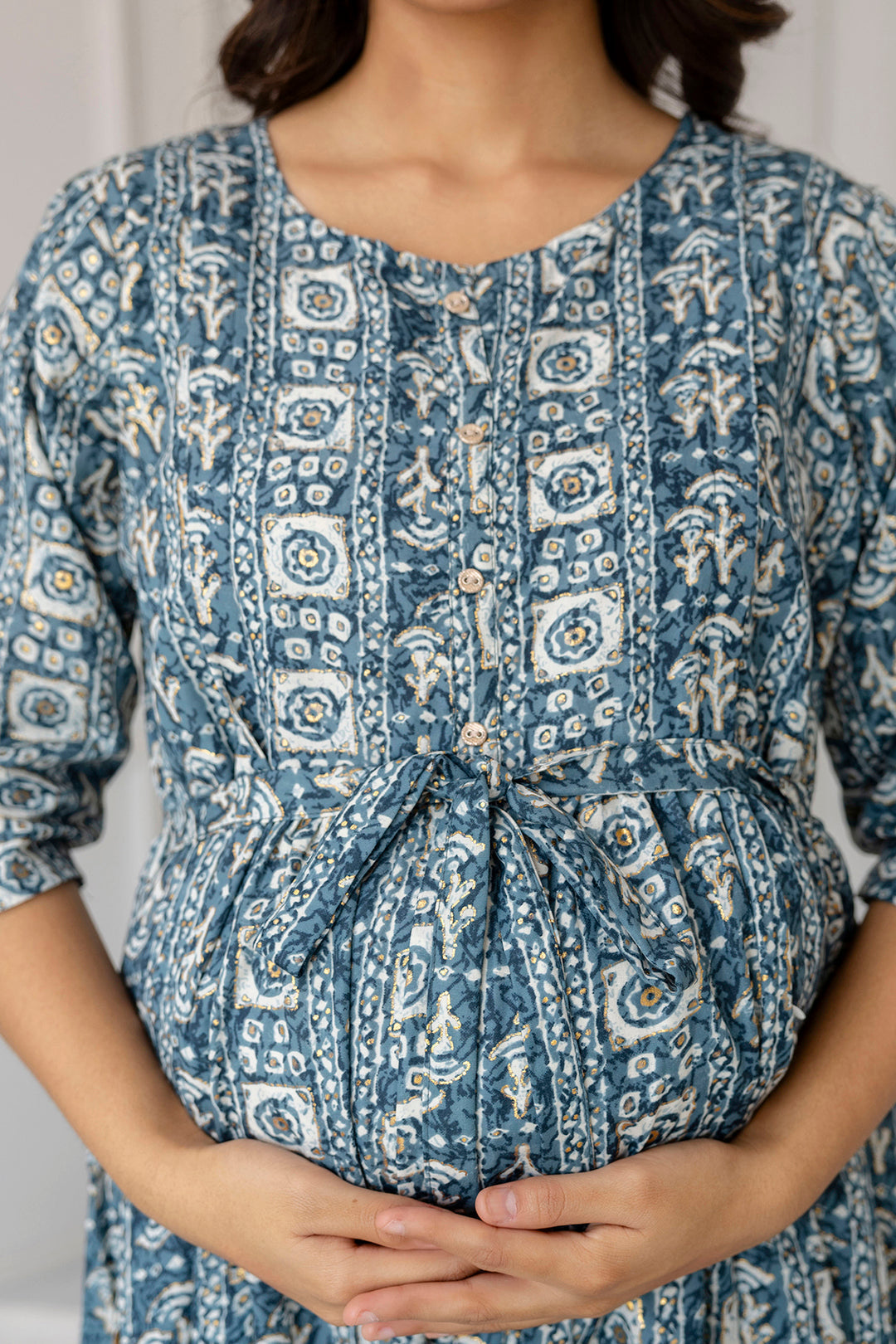 Women Teal Blue Printed Flared Maternity Dress | LASVINI - Redefining Indian Fashion with Elegance