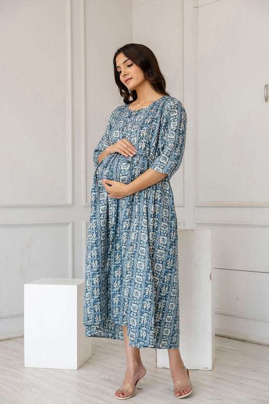 Women Teal Blue Printed Flared Maternity Dress | LASVINI - Redefining Indian Fashion with Elegance