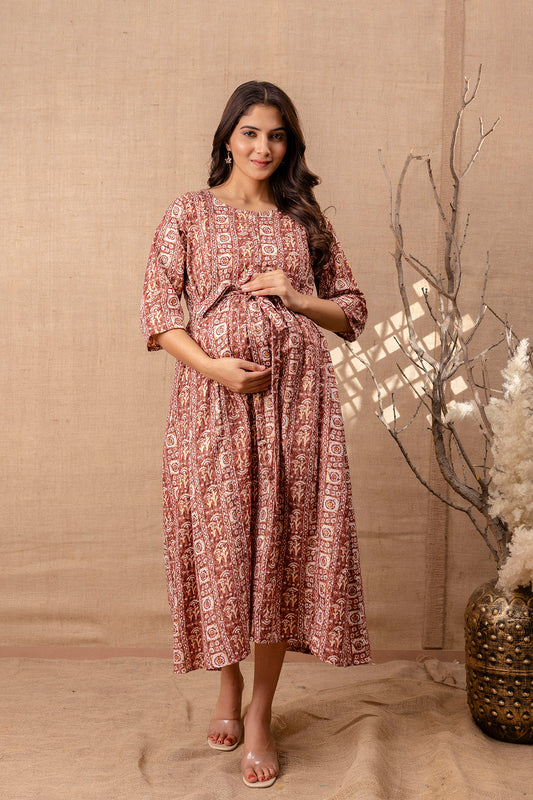 Women Brown Printed Flared Maternity Dress | LASVINI - Redefining Indian Fashion with Elegance