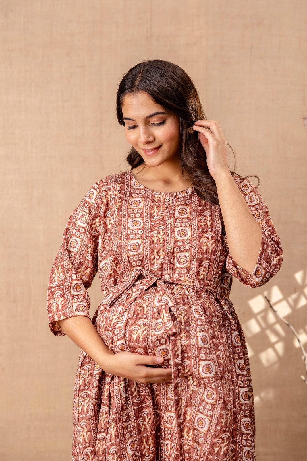 Women Brown Printed Flared Maternity Dress | LASVINI - Redefining Indian Fashion with Elegance