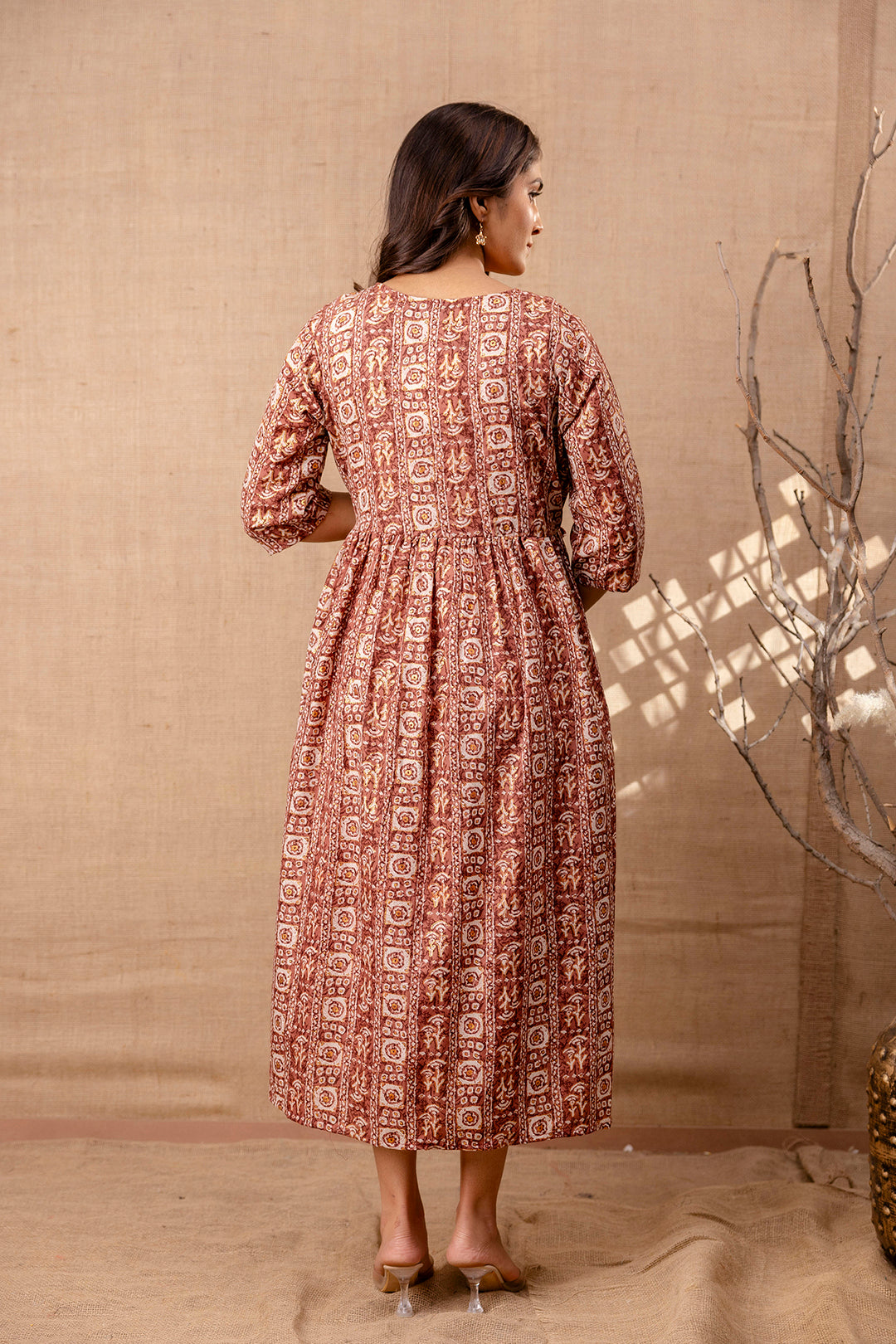 Women Brown Printed Flared Maternity Dress | LASVINI - Redefining Indian Fashion with Elegance