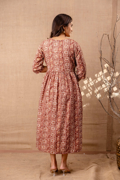 Women Brown Printed Flared Maternity Dress | LASVINI - Redefining Indian Fashion with Elegance