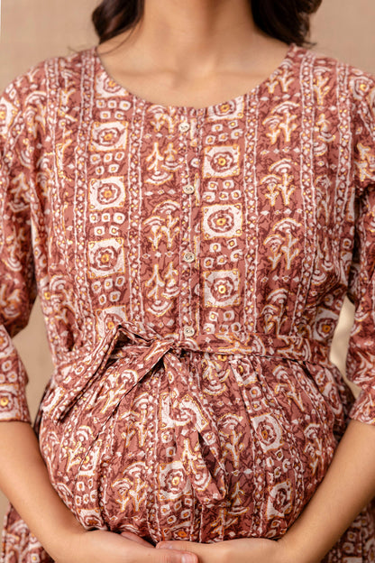 Women Brown Printed Flared Maternity Dress | LASVINI - Redefining Indian Fashion with Elegance