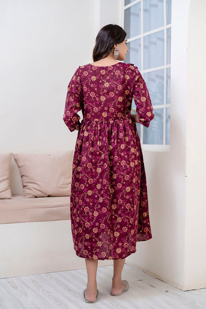 Fab Burgundy Printed Maternity Dress For Women | LASVINI - Redefining Indian Fashion with Elegance