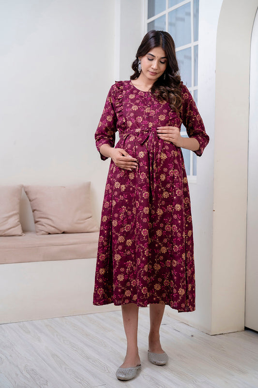 Fab Burgundy Printed Maternity Dress For Women | LASVINI - Redefining Indian Fashion with Elegance