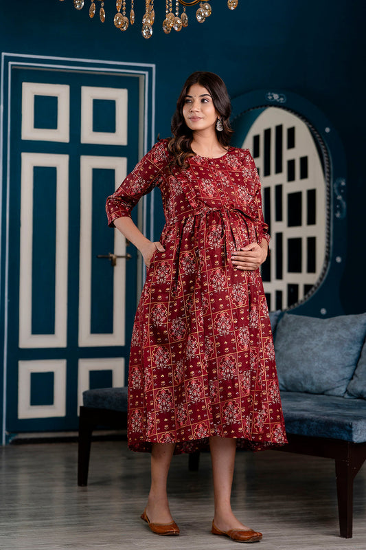 Fab Maroon Printed Maternity Dress For Women | LASVINI - Redefining Indian Fashion with Elegance