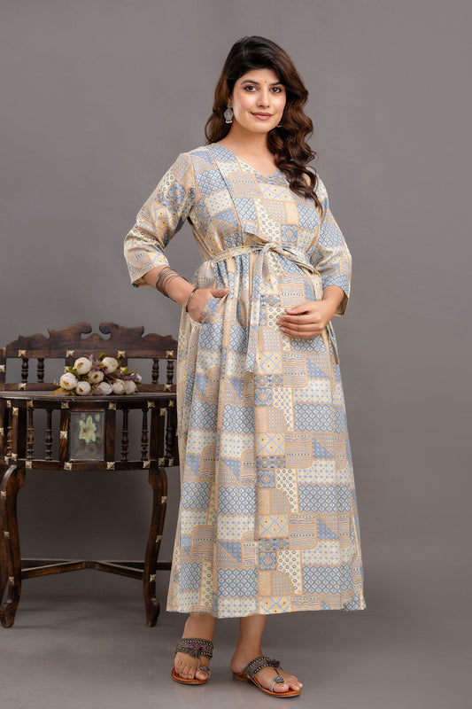 Fab Blue Printed Maternity Dress For Women | LASVINI - Redefining Indian Fashion with Elegance