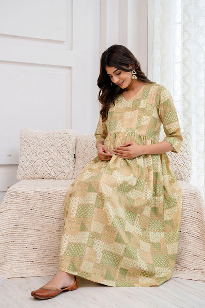 Fab  Green Printed Maternity Dress For Women | LASVINI - Redefining Indian Fashion with Elegance