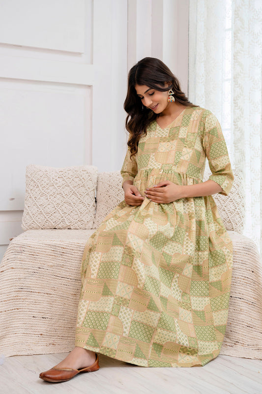 Fab  Green Printed Maternity Dress For Women | LASVINI - Redefining Indian Fashion with Elegance