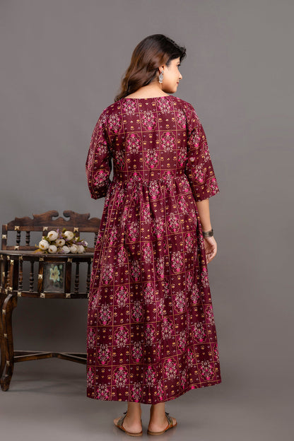 Fab Burgundy Printed Maternity Dress For Women | LASVINI - Redefining Indian Fashion with Elegance