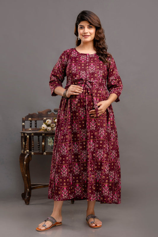 Fab Burgundy Printed Maternity Dress For Women | LASVINI - Redefining Indian Fashion with Elegance