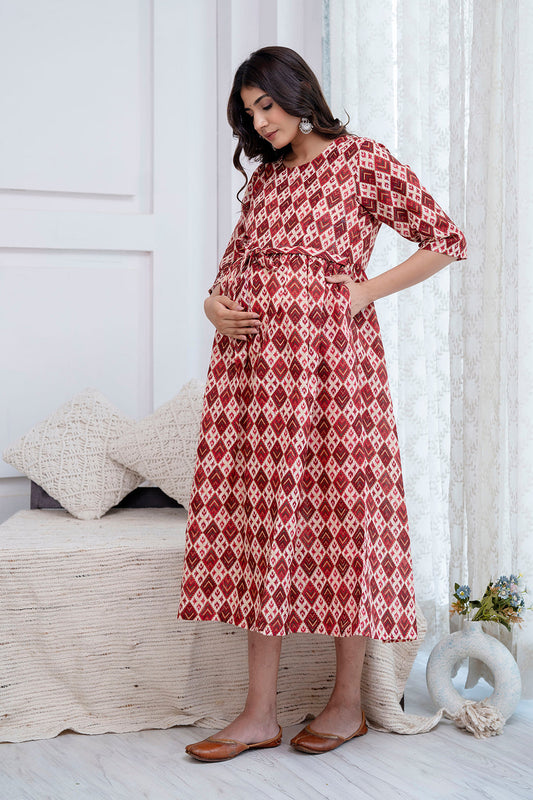 Fab Maroon Printed Maternity Dress For Women | LASVINI - Redefining Indian Fashion with Elegance