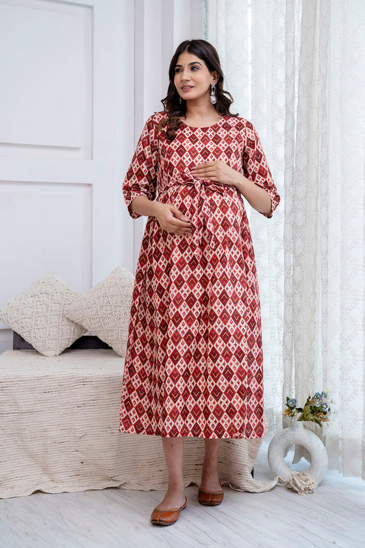 Fab Maroon Printed Maternity Dress For Women | LASVINI - Redefining Indian Fashion with Elegance