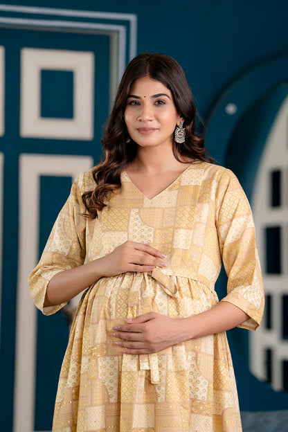 Fab Beige Printed Maternity Dress For Women | LASVINI - Redefining Indian Fashion with Elegance