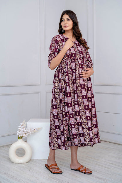 Fab Burgundy Printed Maternity Dress For Women | LASVINI - Redefining Indian Fashion with Elegance