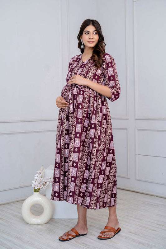 Fab Burgundy Printed Maternity Dress For Women | LASVINI - Redefining Indian Fashion with Elegance