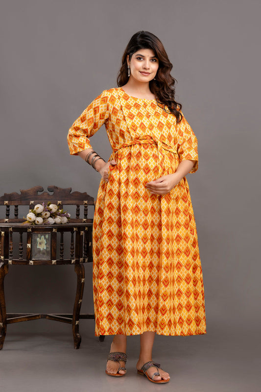 Fab Yellow Printed Maternity Dress For Women | LASVINI - Redefining Indian Fashion with Elegance