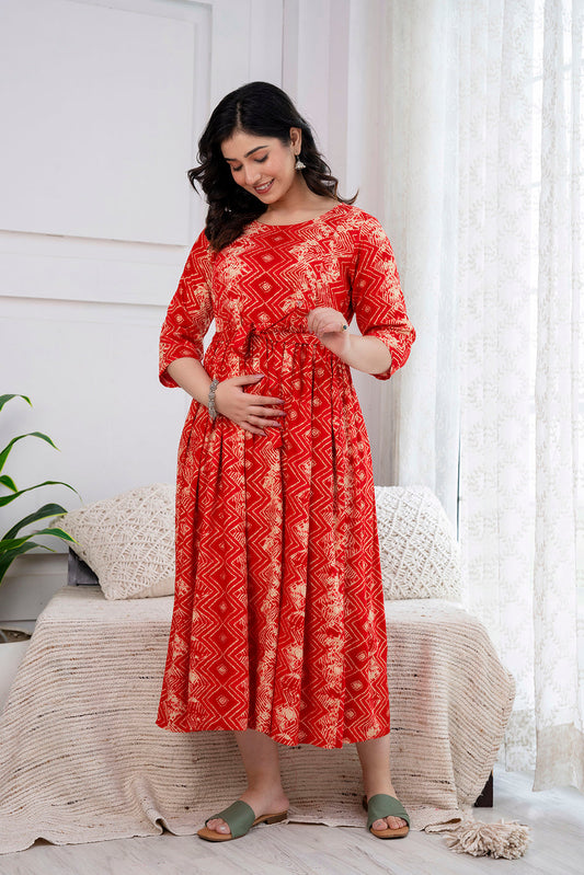 Red Printed Maternity Dress For Women | LASVINI - Redefining Indian Fashion with Elegance