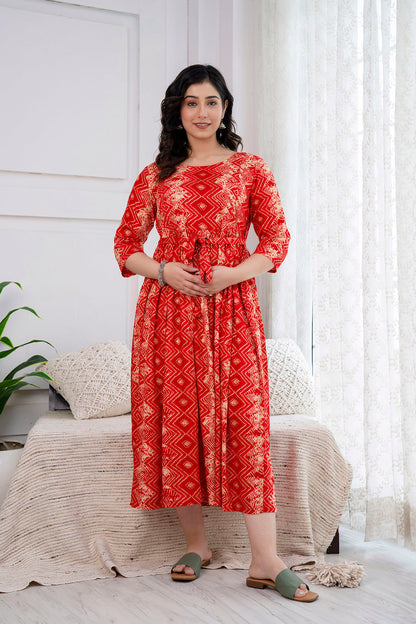 Red Printed Maternity Dress For Women | LASVINI - Redefining Indian Fashion with Elegance