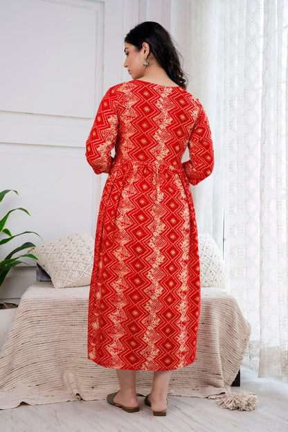 Red Printed Maternity Dress For Women | LASVINI - Redefining Indian Fashion with Elegance