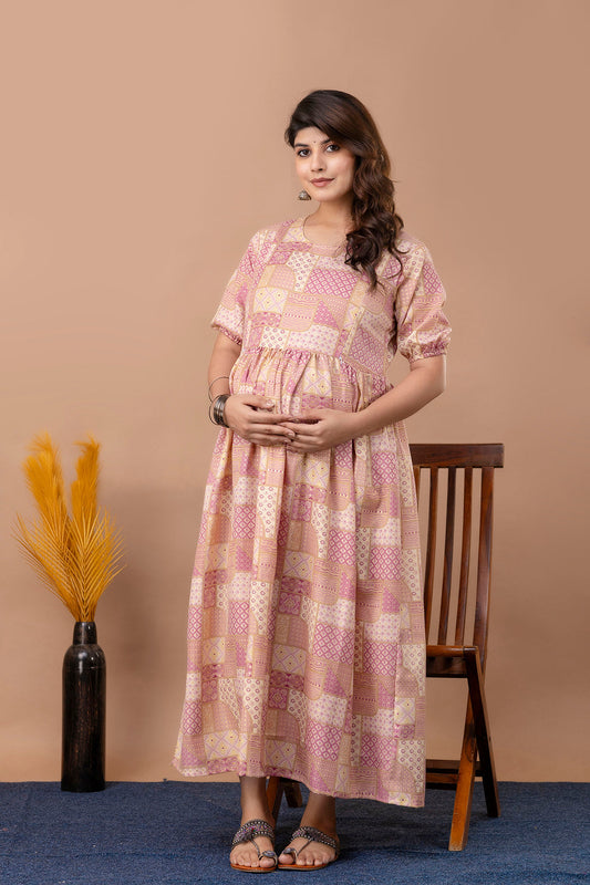 Fab Pink Printed Maternity Dress For Women | LASVINI - Redefining Indian Fashion with Elegance