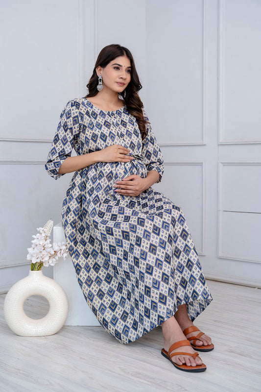Fab Blue Printed Maternity Dress For Women | LASVINI - Redefining Indian Fashion with Elegance