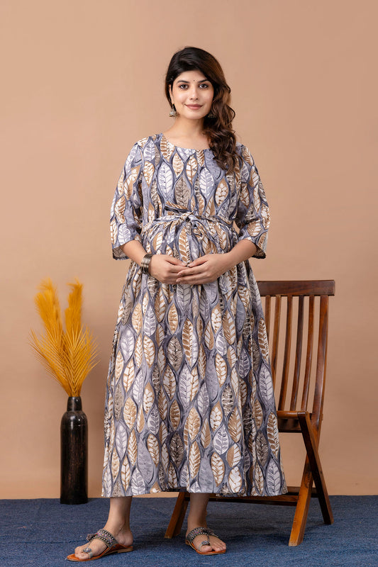 Fab Grey Printed Maternity Dress For Women | LASVINI - Redefining Indian Fashion with Elegance