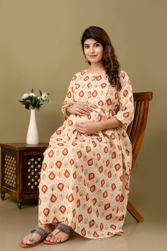 Fab Off White Printed Maternity Dress For Women | LASVINI - Redefining Indian Fashion with Elegance